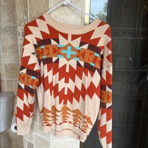 Aztec-Inspired Crew Neck Sweater - Red, Orange, Cream